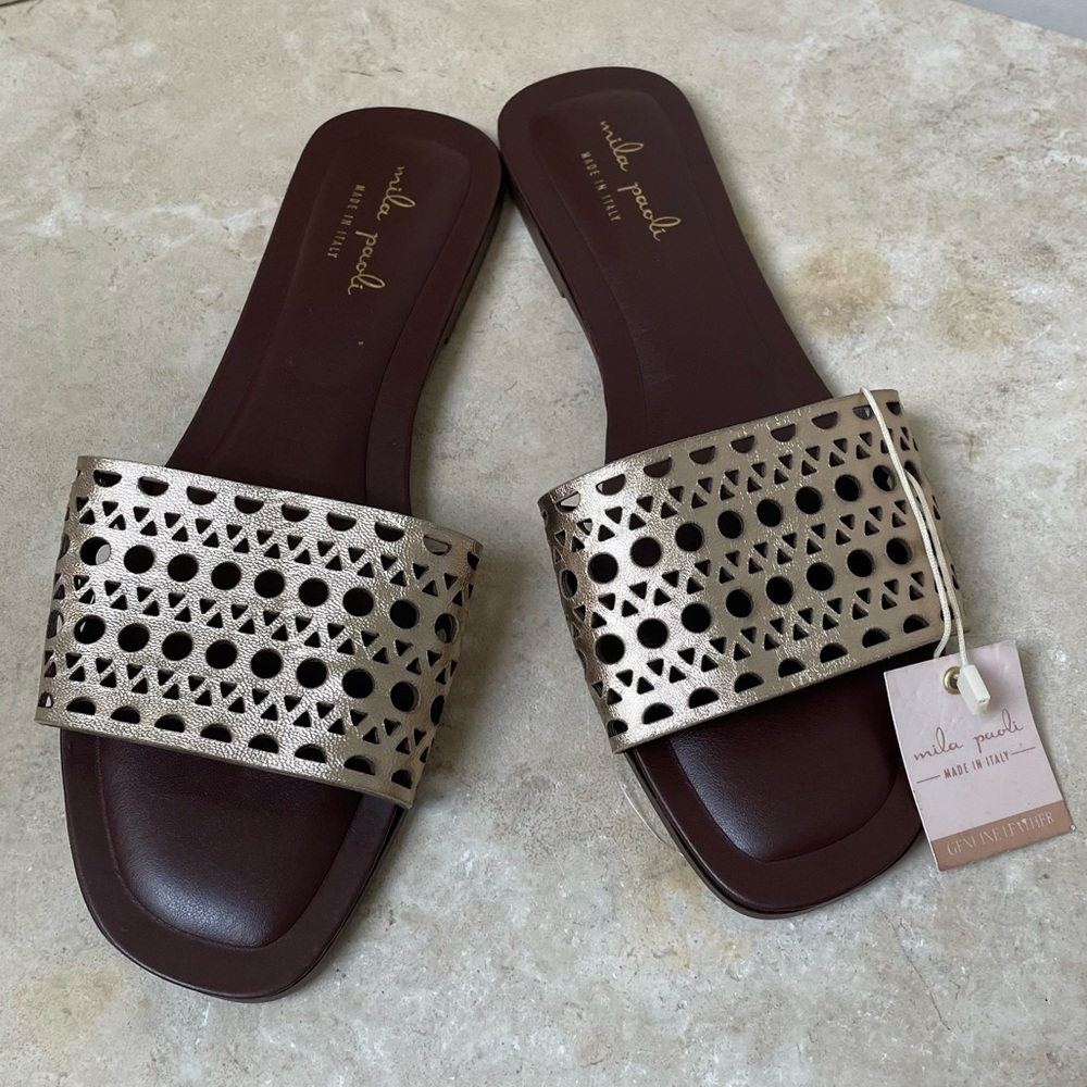 SOLD!Mila Paoli Italian made Laser cut leather metallic finish sandals size 9.5